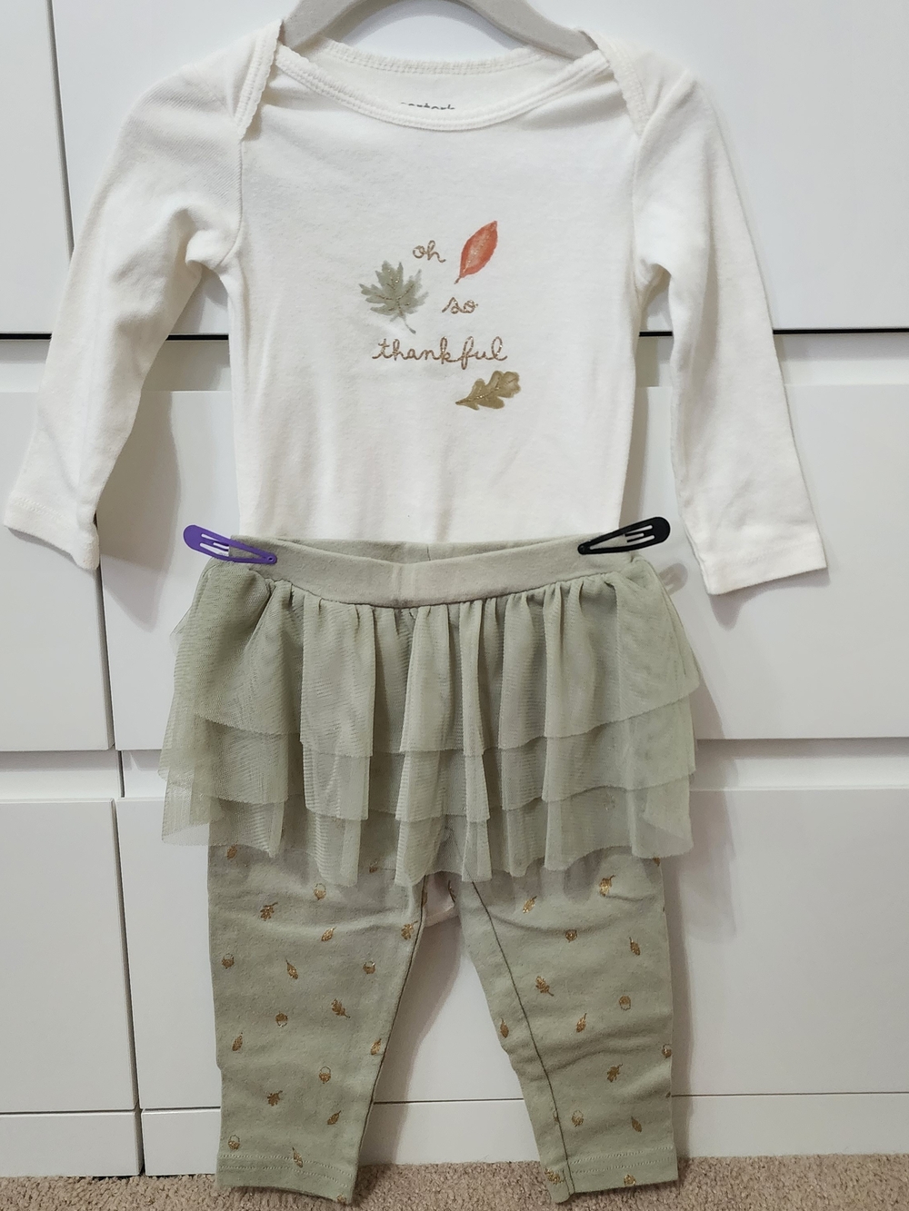 Carters Just One You 12 M Cream Long Sleeve Bodysuit & Sage Tutu Leggings Set.